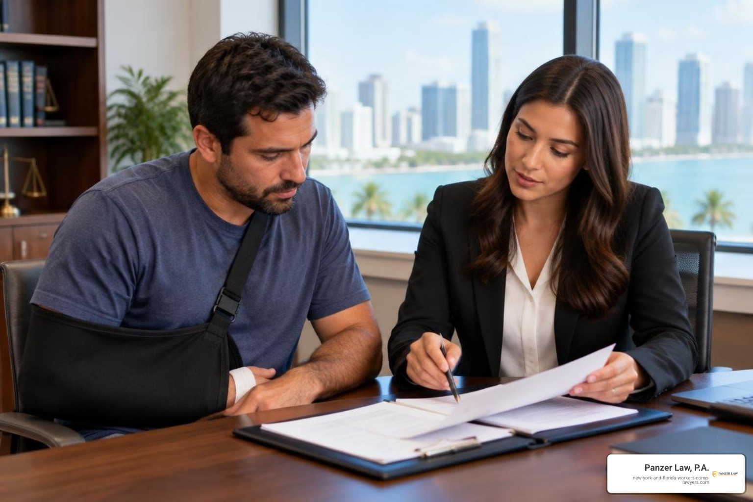 Injured worker reviewing documents with a lawyer in Miami