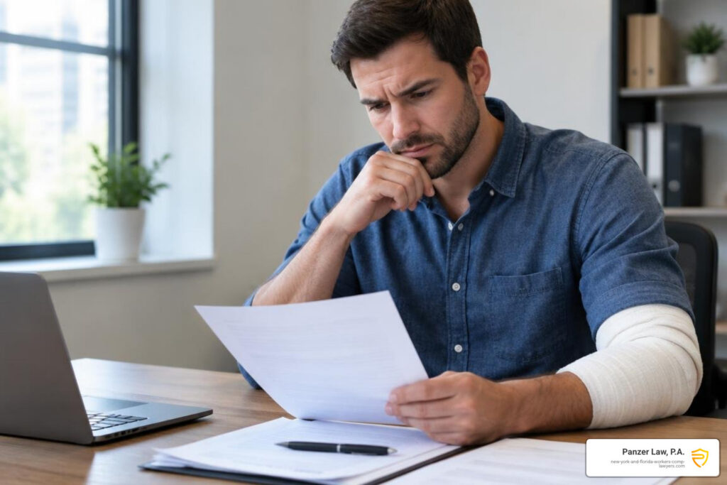 Photorealistic injured worker reviewing injury paperwork