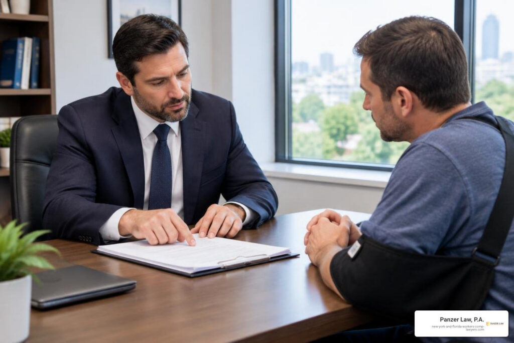 attorney discussing case details with an injured employee