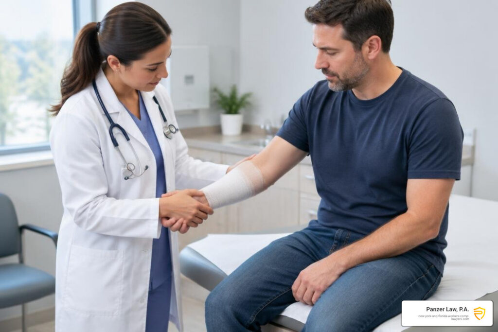 doctor examining injured employee in clinic setting